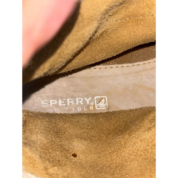 SPERRY Gold Sheen Suede Tiered Studded Fringe Ankle Lace Up Moccasins Shoes 8.5 - Picture 8 of 8